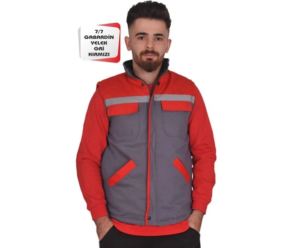 7/7 Gabardin Yelek Gri Kırmızı