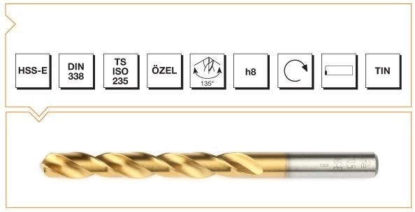 HSS-E DIN 338 Silindirik Saplı Kısa Matkap Ucu - TIN KAPLAMALI